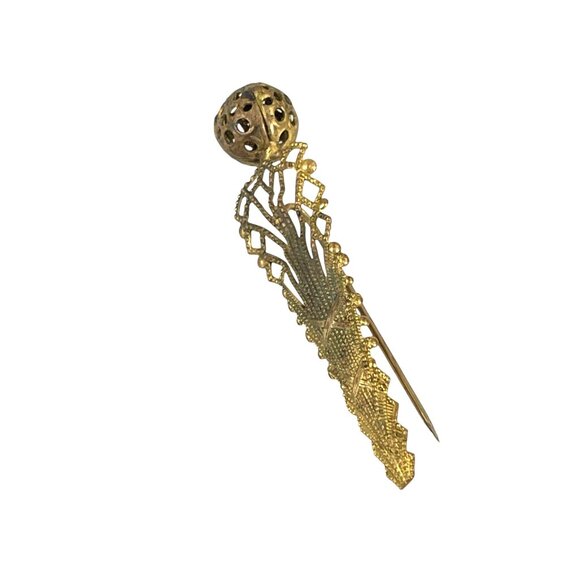 Art Deco Gold Tone Filigree Hat Pin Brooch With Ornate Design & Sphere Top - Picture 3 of 8